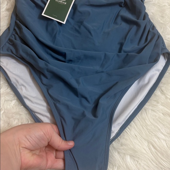 NWT Eomenie Blue Striped One Piece Wrap Front Swimsuit Size L - Picture 2 of 9